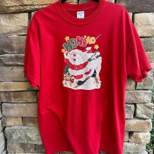 Vintage Red Christmas Santa Tee Shirt Size L please NOTE the small hole on back